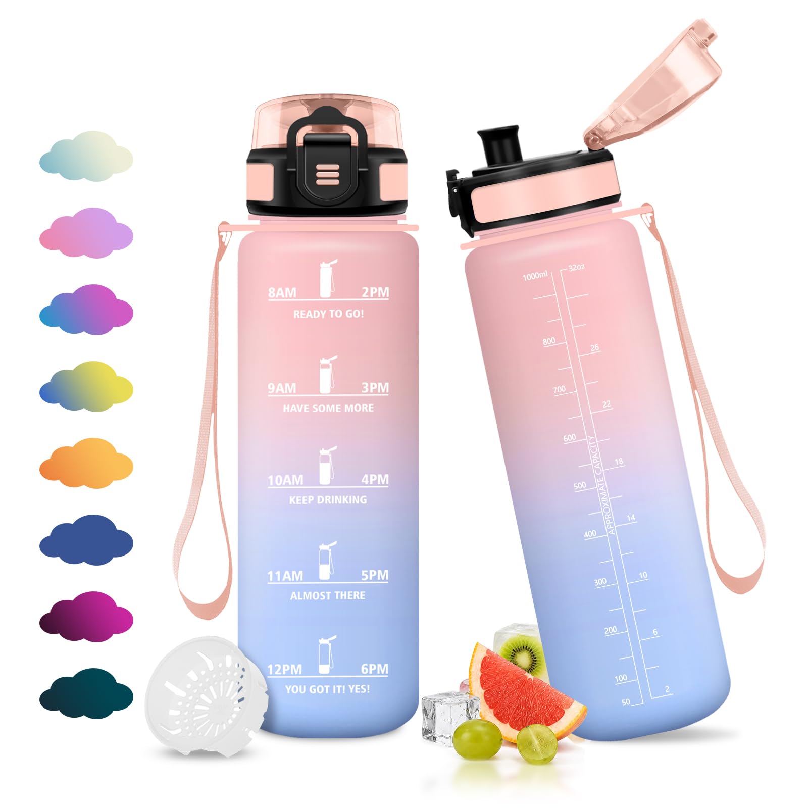JAPORIA 1L Water Bottle, Filter Bottle, Motivational Water Bottle, Time Scale Water Bottles, BPA Free, Reusable for Outdoor, Gym, Sports