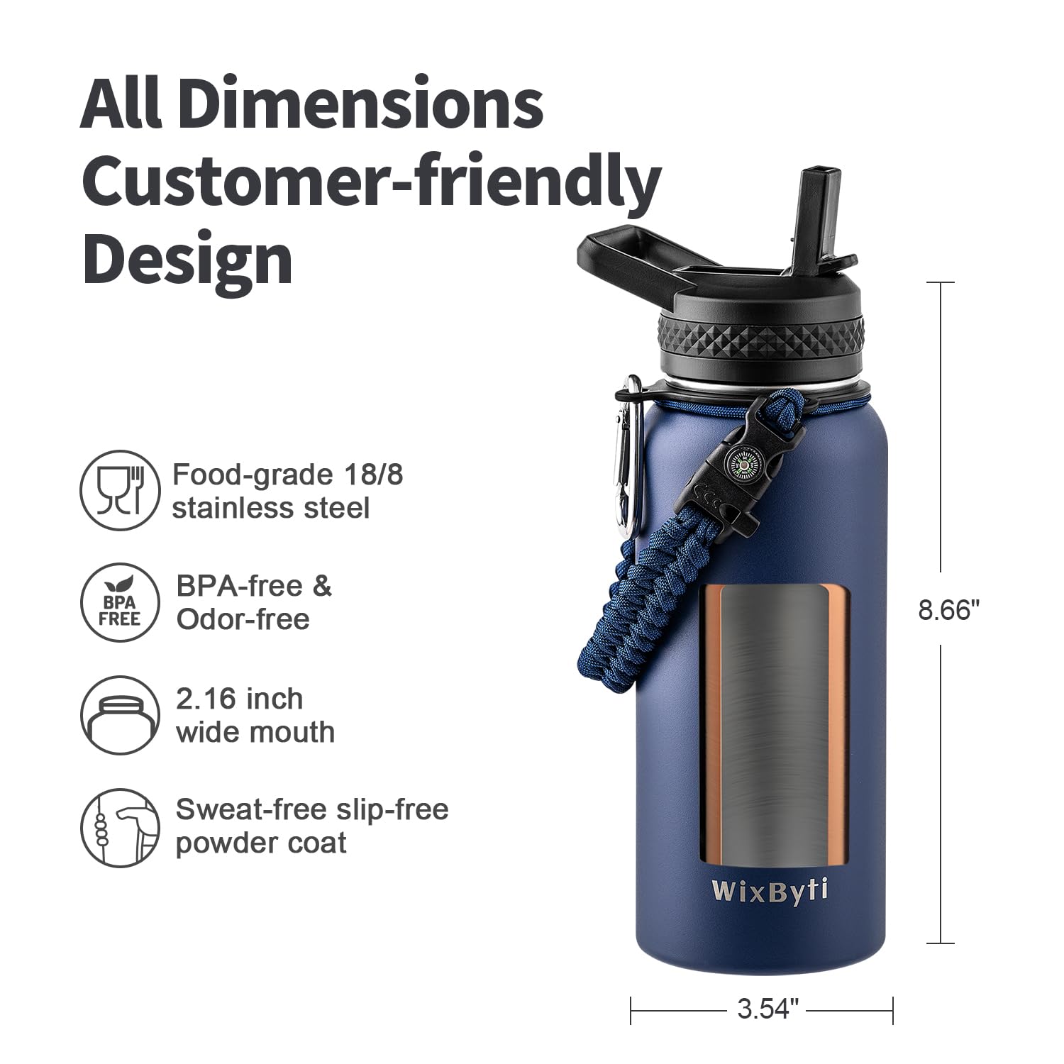 WixByti Isolierte Wasserflasche mit Strohhalm, auslaufsicher, kalt für 24 Stunden | Edelstahl-Isolierflasche, dreiwandig, mit Paracord-Griff, Trinkhalm-Deckel und DIY-Aufklebern