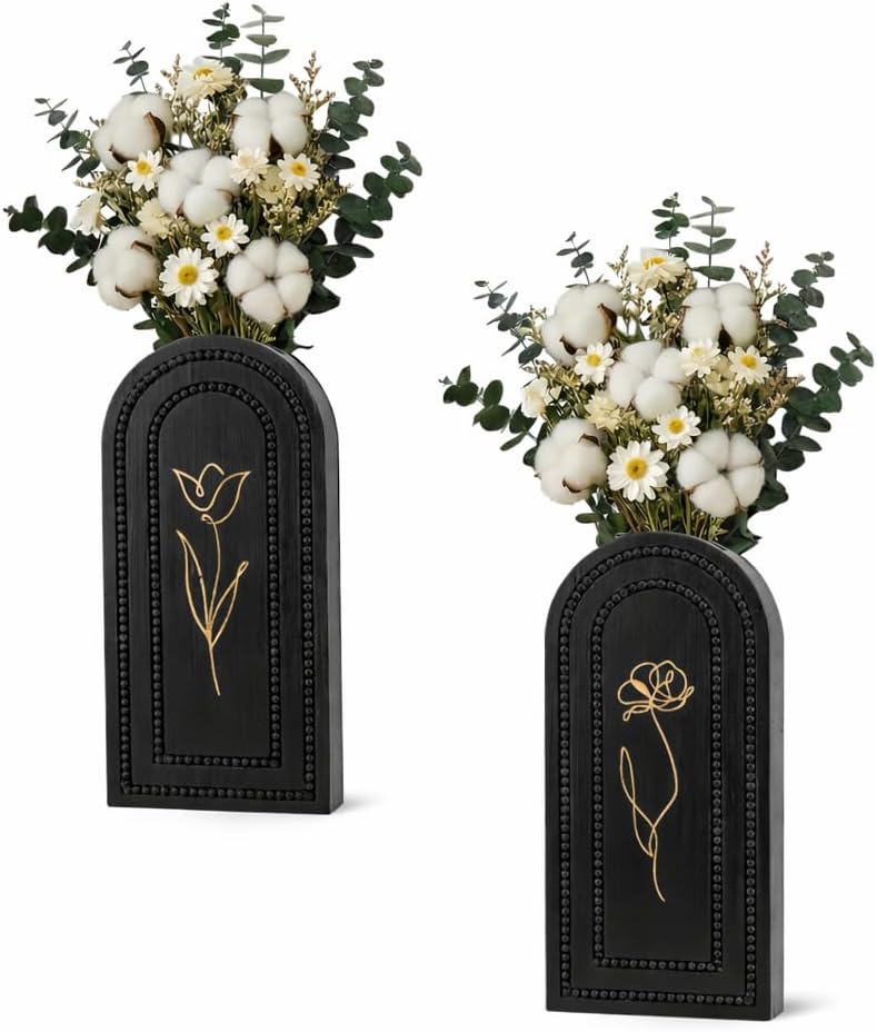 2 Pack Wooden Wall Planter Vase Set, Black Finish Modern Farmhouse & Boho Wall Decor for Living Room, Bathroom, Kitchen, Dining Room (Black)