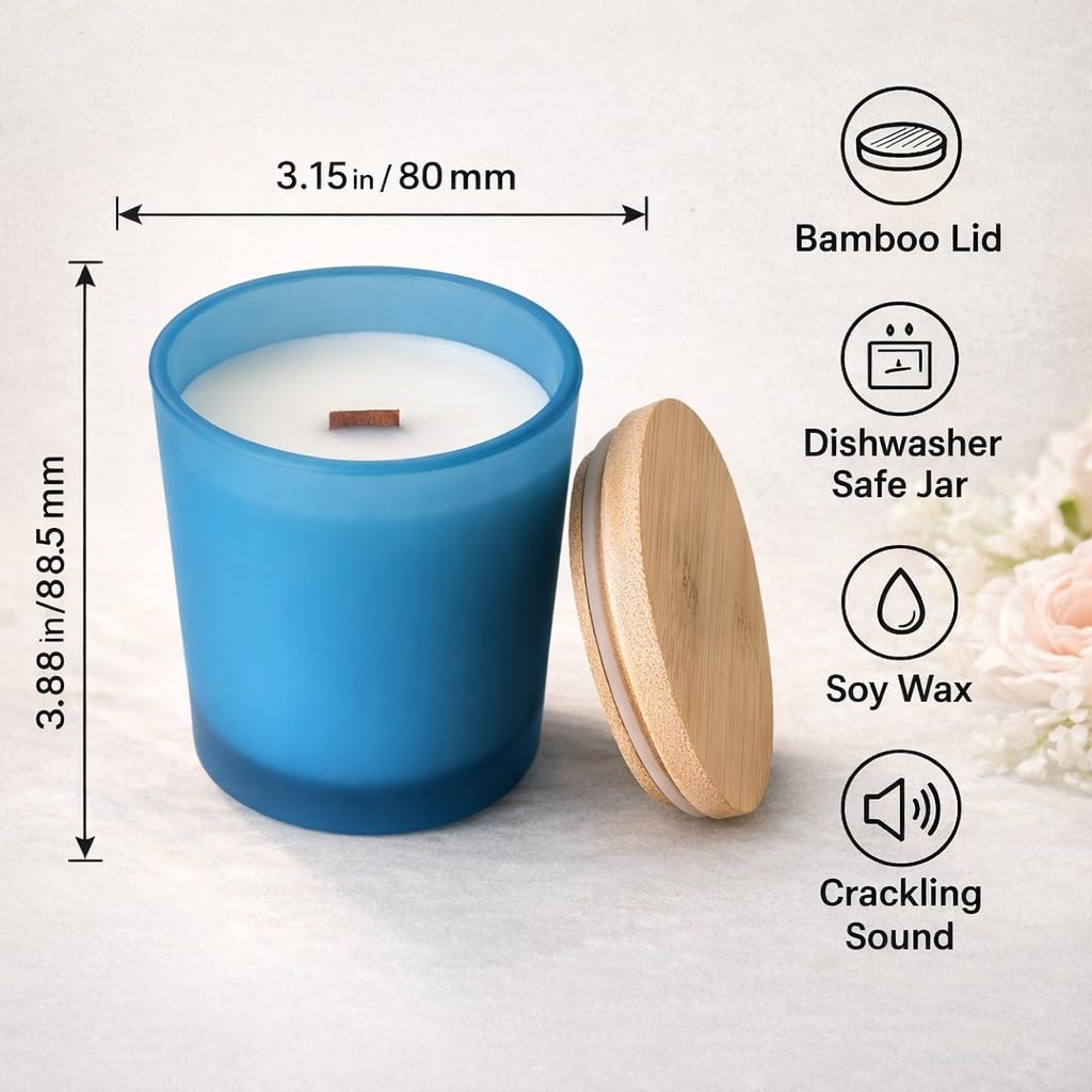 Gift Paradise® Candela in cera di soia alla lavanda – Barattolo di vetro blu da 200 ml con coperchio in bambù, stoppino in legno scoppiettante, scatola regalo magnetica di alta qualità, candela