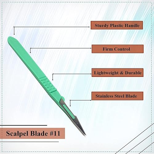 Miniatura 3 de Caja de 10 cuchillas de bisturí desechables estériles #11 hechas de acero inoxidable con mango de plástico graduado resistente para estudiantes de