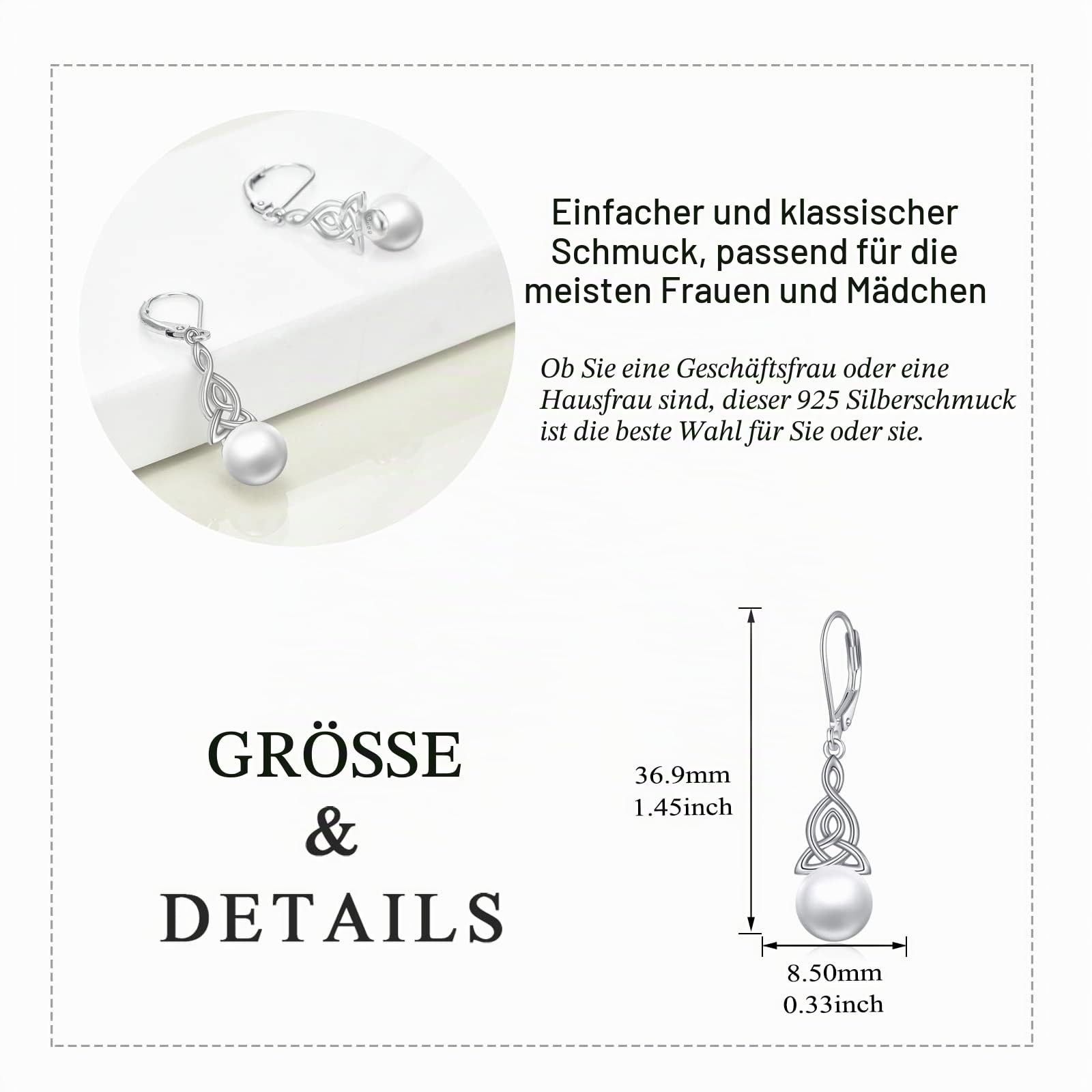 Perlen Ohrringe für Damen 925 Sterling Silber Irischer Keltischer Knoten Creolen Leverback Schmuck Geschenke für Mama Mutter Mädchen Freunde
