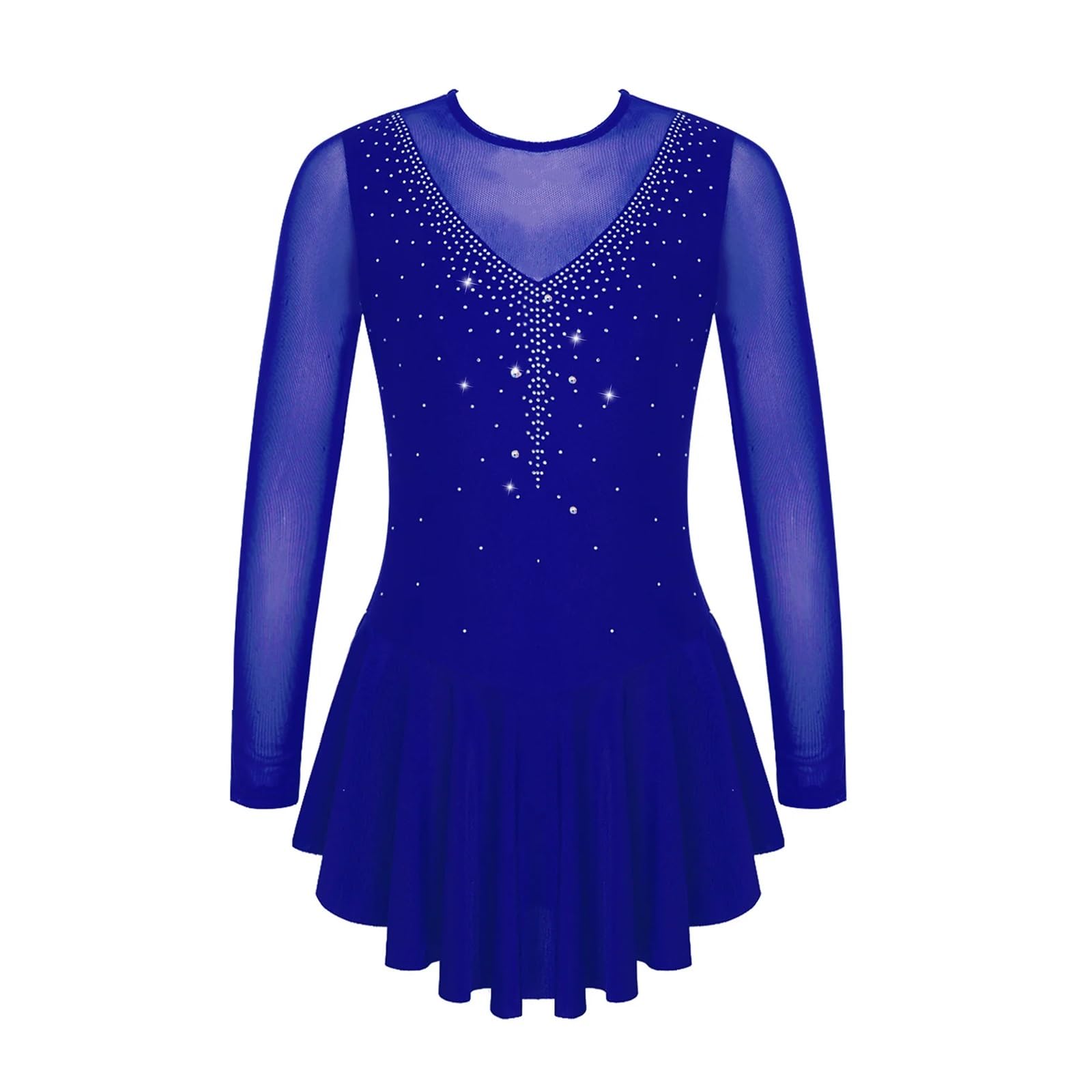 Eiskunstlauf Kleid Mädchen Mädchen-Eiskunstlaufkleid mit Strasssteinen, durchsichtiges Ballett-Trikotkleid, Mesh-Spleiß-Stil, Eislauf-Performance-Tanzbekleidung(Blue,12)