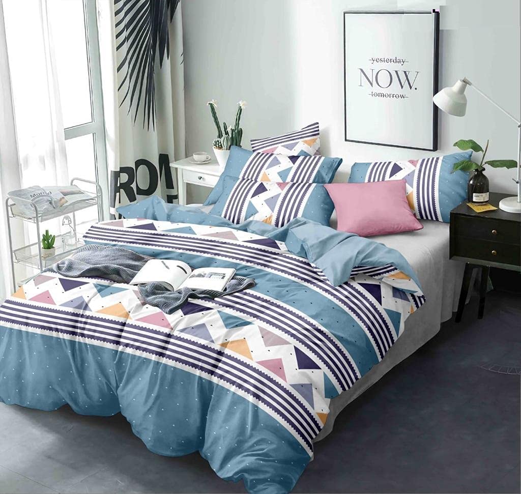 T tungol 350TC Microfiber Glace Cotton Reversible AC Comforter for Double Bed with 1 Flat bedsheet-90x100 inch and 2 Pillow Covers (Blue Zig-Zak)-image-3