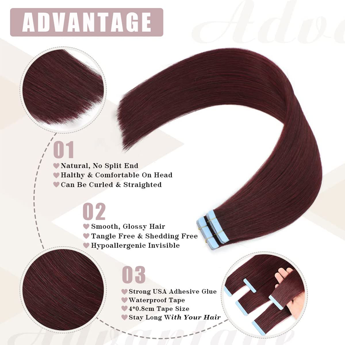 Tape in Hair Extenions 99j Burgundy Color 100% Remy Human Hair Tape in Straight Seamless Skin Weft Tape Hair Extensions Real Natural Hair Extensions 40g 20Pcs （16 inches）