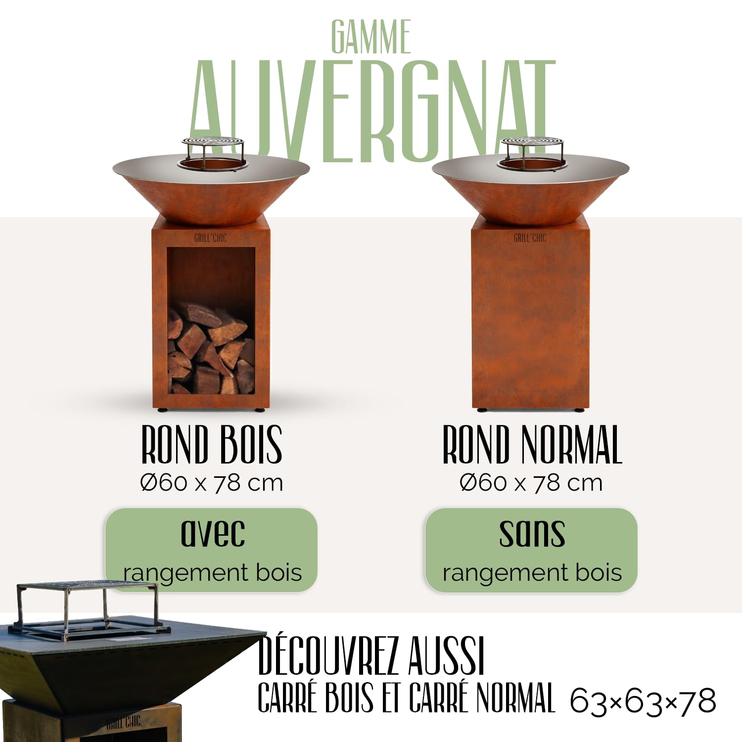 GRILL'CHIC - Pack Privilège Brasero Auvergnat Corten Bois Rond - Simple Cuve - Avec Bâche + Grille + Stop Food Inclus - À Assembler - Fabriqué en France - Ø60 x 78 cm