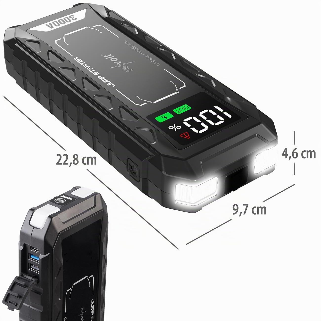 revolt Starterhilfe: 3in1-Kfz-Starthilfe & Powerbank mit 20 Ah, 3.000 A, 60 W PD, QDSP, LED (Kfz Starter, Batterie Ladegerät, Jump)