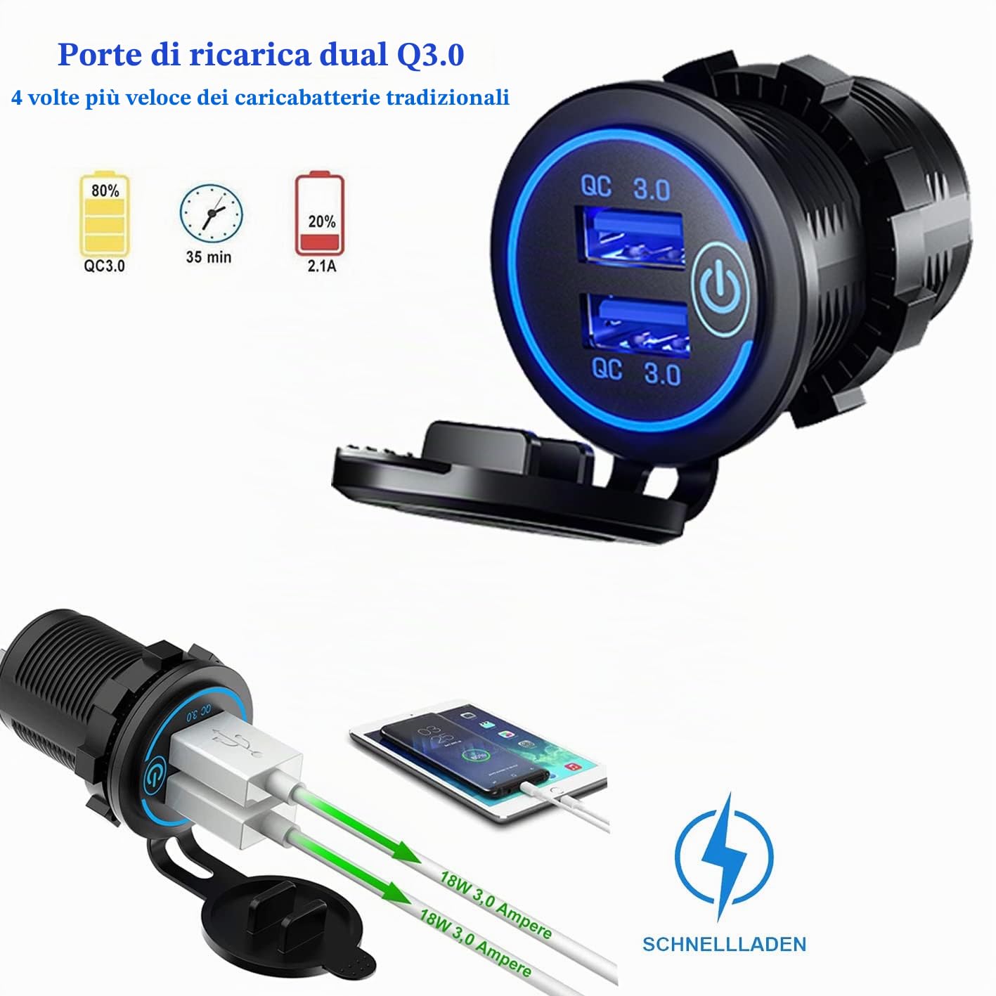 (2 Pezzi) Intckwan Caricabatteria da auto USB a 2 porte, QC 3.0 36W Ricarica rapida con interruttore e Blu LED, impermeabile e antipolvere per 12V~24V Auto Barca Moto SUV Bus Camion Caravan