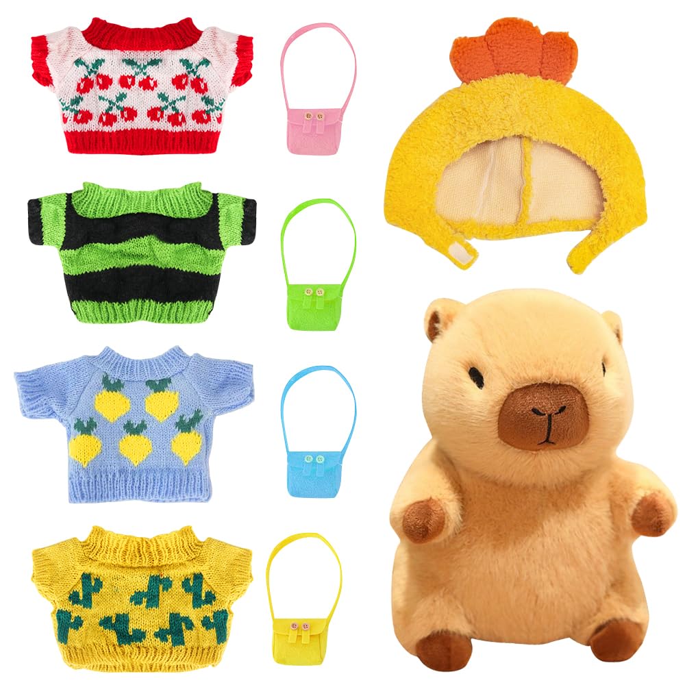 CLIUNT Capybara Plush Toy with 8PCS Clothes&Accessories, 25cm Capybara Stuffed Animal, Cute Capybaras Teddy, Dress Up Capybaras Gifts for Children Boy Girl