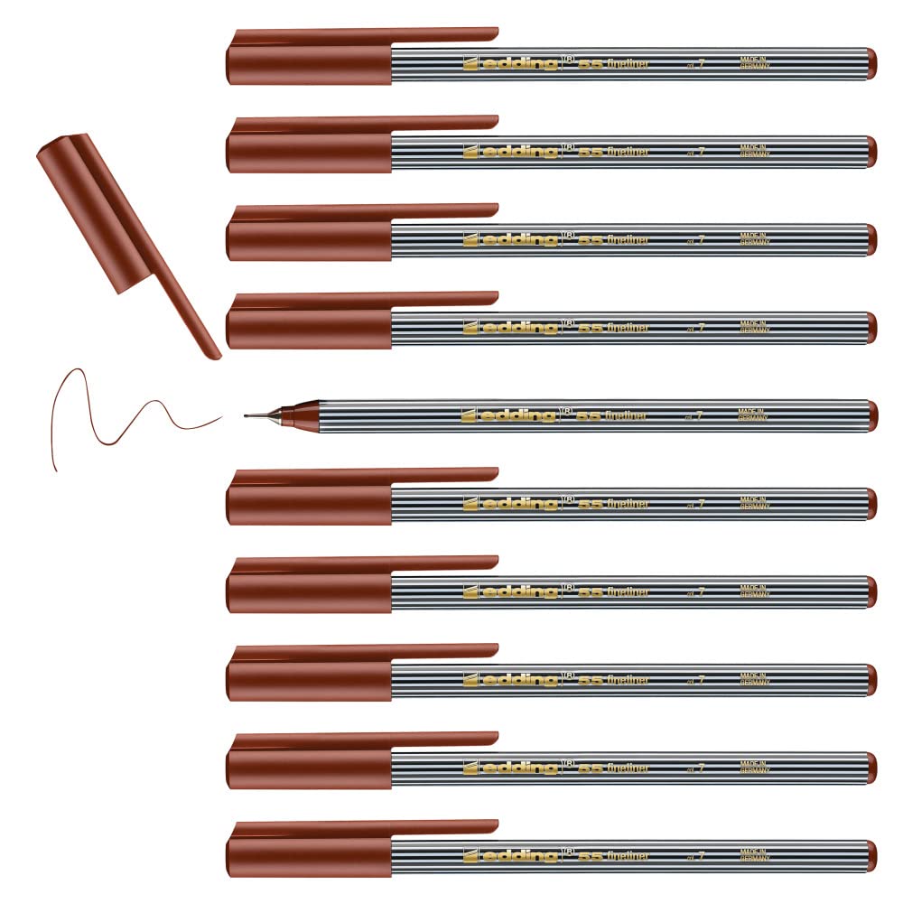edding 55 - fineliner - brown - 10 pens - 0.3 mm nib - colour pen for writing, drawing, underlining, illustrating - for children and adults, at school and in the home or office