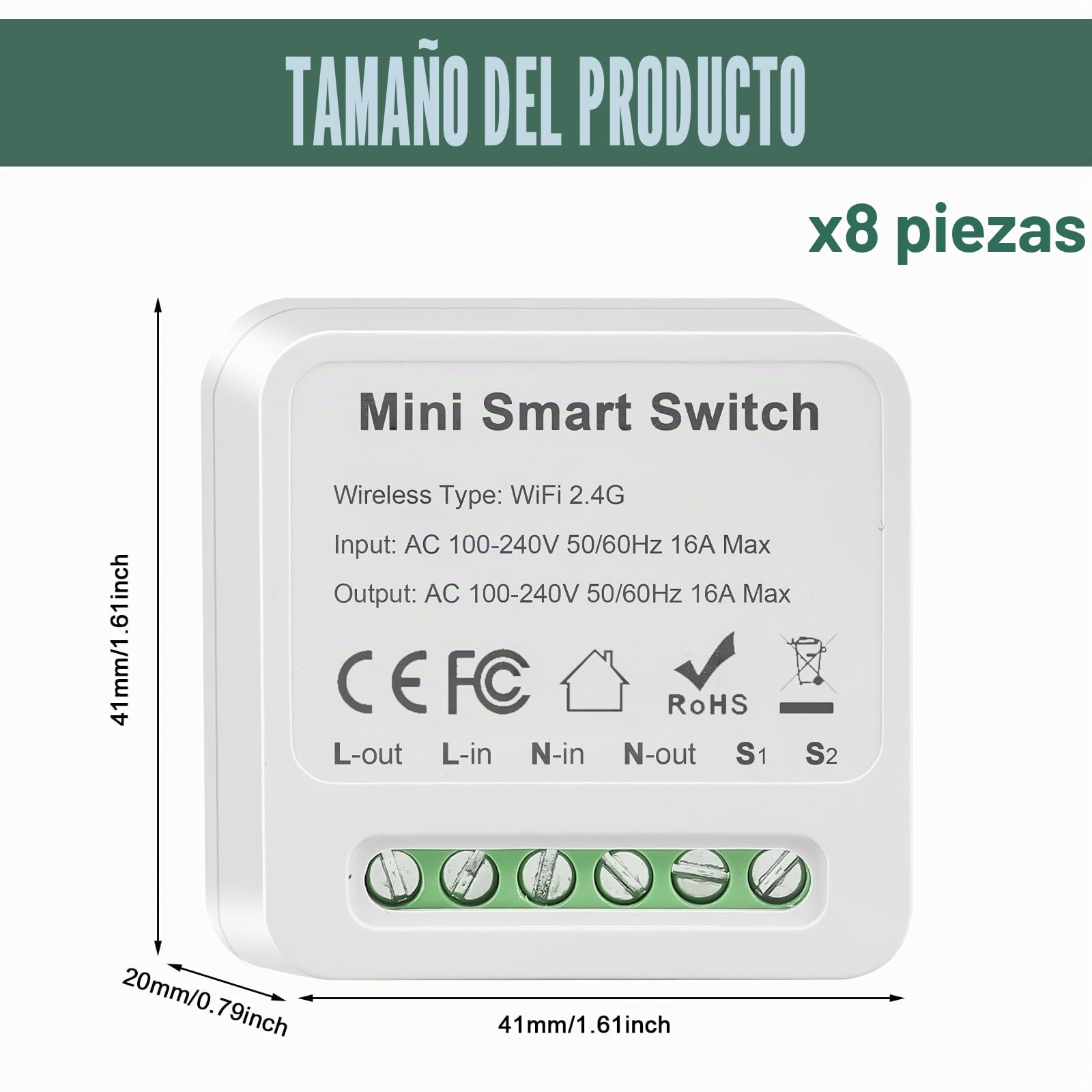 8 piezas Módulo inteligente de interruptor de iluminación de 1 vía con control doble, Mini interruptor Wi-Fi DIY se adapta detrás del módulo de interruptor de pared Compatible con la aplicación Tuya