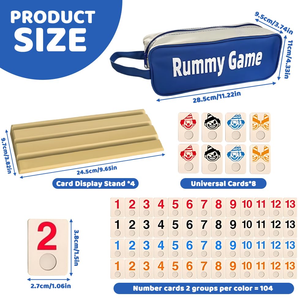 Rummy Jeu de Societe, Rami Jeux de Carte Coffret avec 1 Sac de Rangement, 4 Support, 112 Tuiles Robustes, Jeu de Rummy pour Les Joueurs