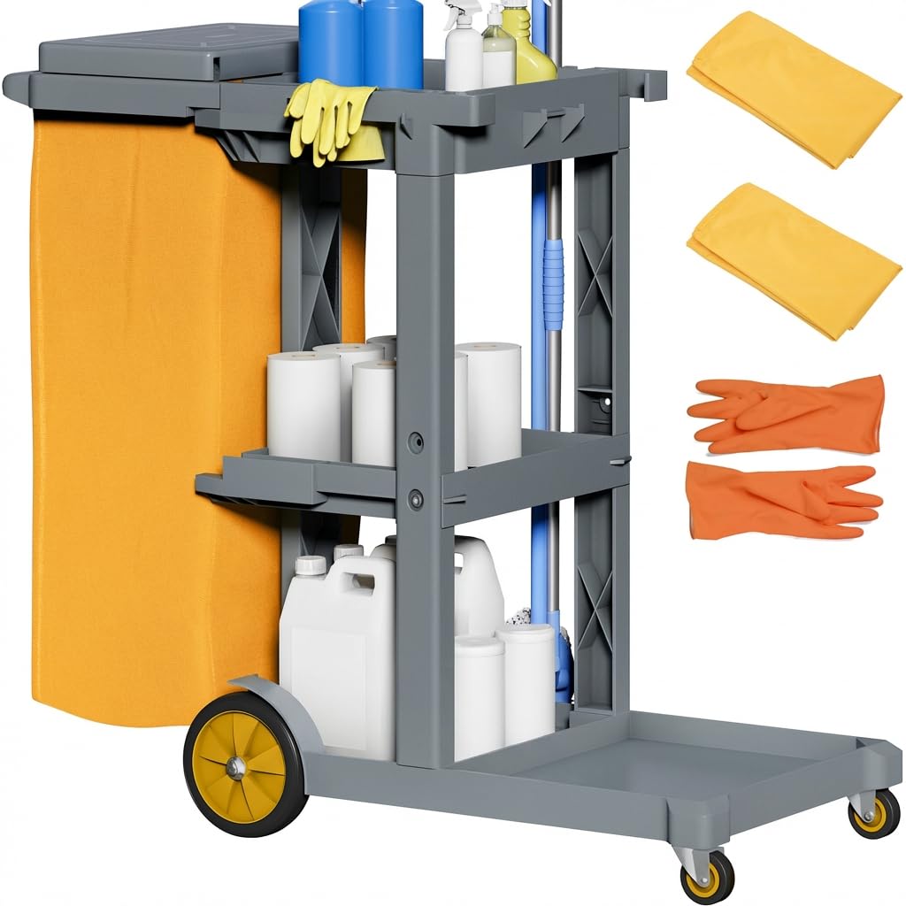 YITAHOME Janitorial Cart Cleaning Carts on Wheels, Gray Housekeeping Carts, 3-Shelf Commercial Traditional Plastic Janitor Cart with Lid & 2 Yellow 25 Gallon Vinyl Bag, Mop & Broom Holders, Gray
