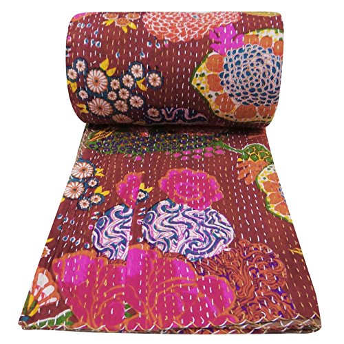 Colcha tradicional india de algodón con diseño de frutas Kantha con estampado floral para decoración del hogar Kantha, tapiz hecho a mano indio Gudari, colcha decorativa de punto Kantha con estampado floral, arte a mano, trabajo Kantha, 152,4 x 228,6 cm Por Bhagyoday
