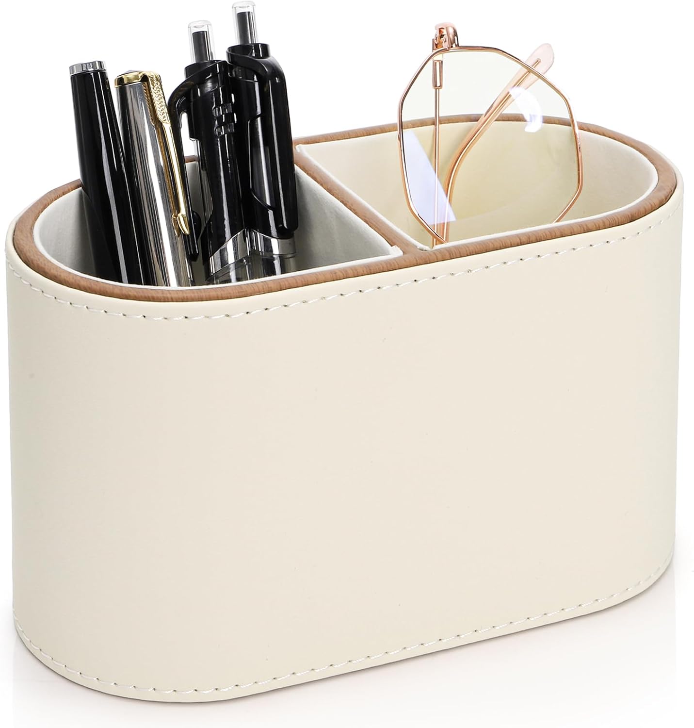 PU Leather Pen Holder, Luxury Desk Organizer Caddy with 2 Compartments, Multifunctional Remote Control Eyeglass Holder Stationery Case for Office Supplier, Home