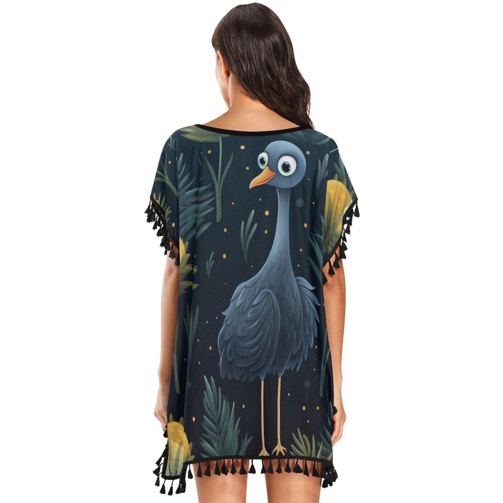 Cute Forest Animal Ostrich Women's Beach Cover Up Chiffon Tassel Swimwear Swimsuit Coverups for Girl