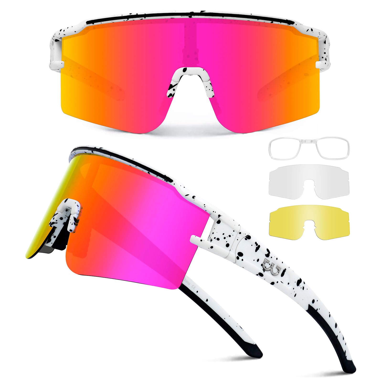 SPOSUNE Polarisierte Fahrradbrille mit 3 austauschbaren Gläsern für Frauen Männer, TR90 Sport-Sonnenbrille Laufen Baseball
