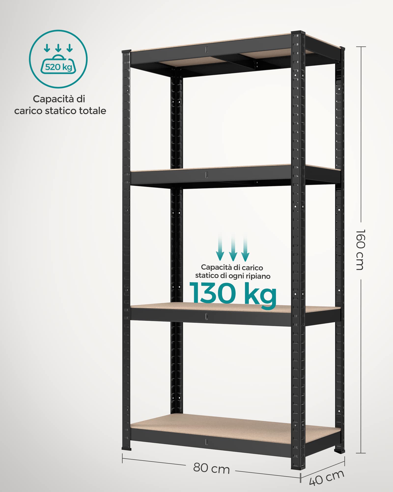 SONGMICS Mensola portaoggetti a 4 livelli, 40 x 80 x 160 cm, capacità 520 kg, tavole regolabili, stile industriale, per cucina, soggiorno, nero, GLR044B01