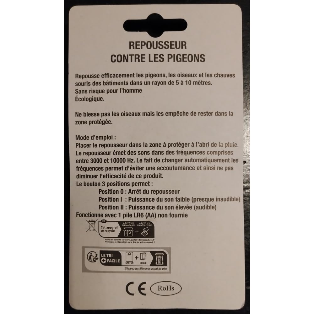Générique Repousseur Electronique Anti Pigeon à Ultrasons, à Piles, pour Oiseaux et Chauves-Souris