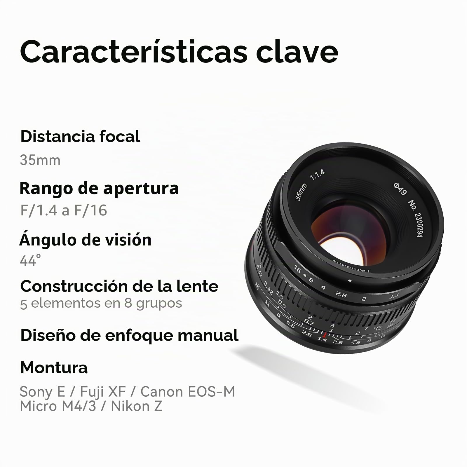 7artisans Lente Fija 35mm F1.4 Mark II APS-C Enfoque Manual Gran Apertura Compatible con cámaras sin Espejo Canon R Mount R RP R5 R6