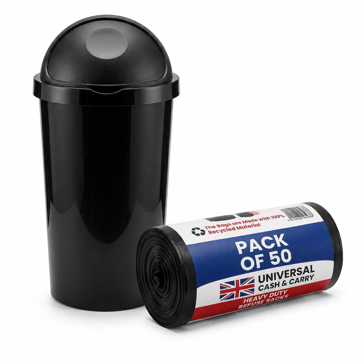 60L Large Bullet Bin with Heavy Duty Matching Black 50 Bin Bags 66cm x 83cm