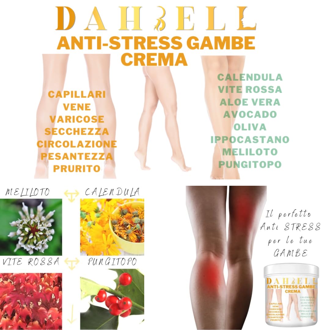Crema per vene varicose capillari rotti circolazione gambe piedi pesanti gonfie e stanche idratante con vite rossa calendula ippocastano aloe vera rinfrescante gambe dahbell