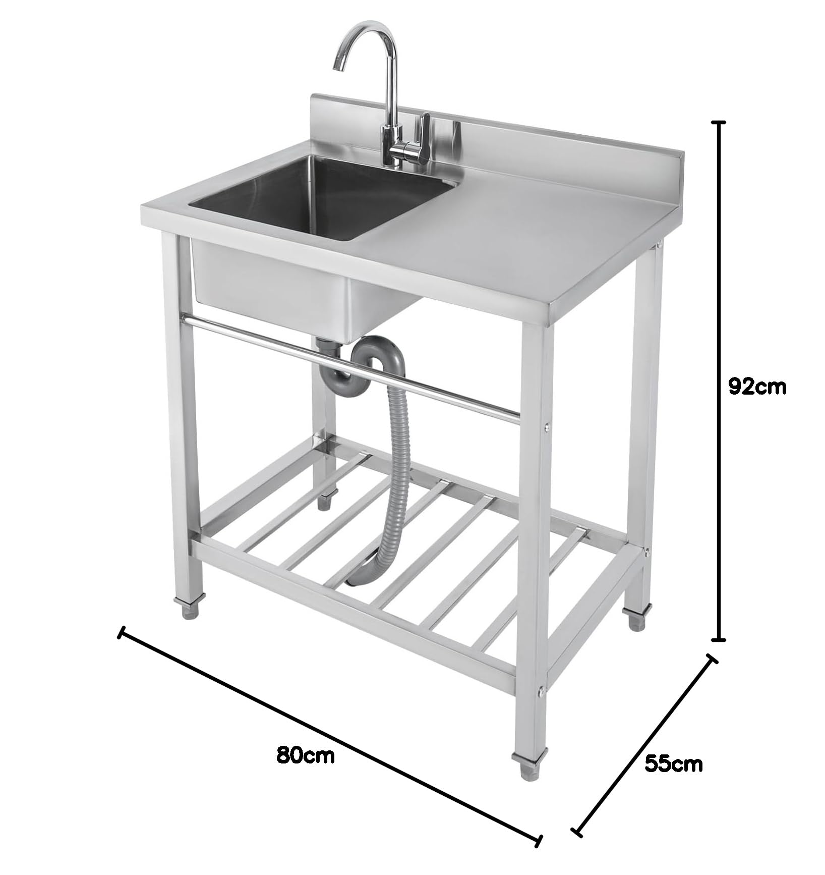 Fregadero de cocina de acero inoxidable, fregadero de cocina independiente, fregadero de cocina de pie de acero inoxidable, con grifo y banco de trabajo, con patas cuadradas, para exterior, interior