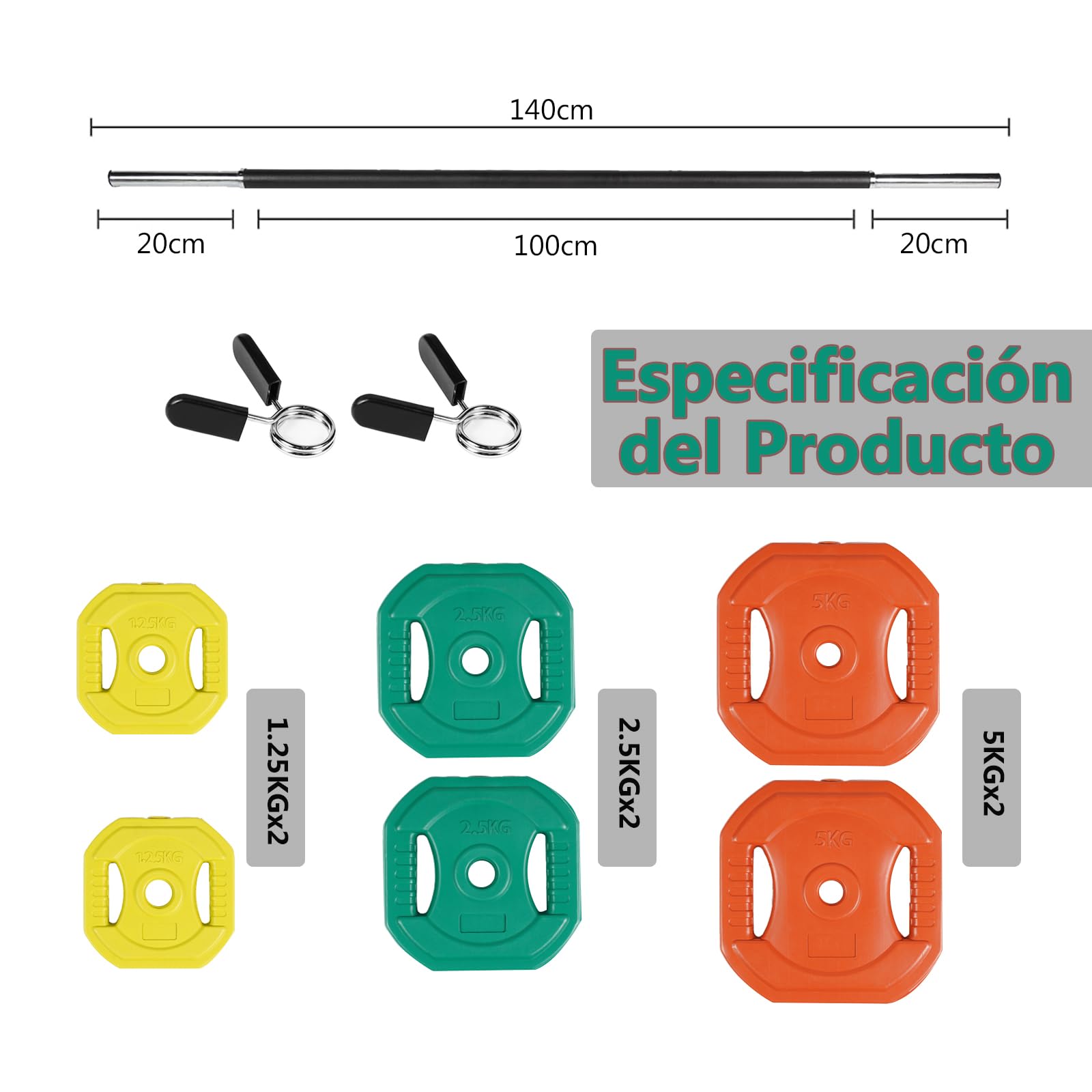 ALLINLIFE Set de Pesas con Barra y Discos, Kit de Musculación con 8 Discos de Colores, 1 Barra de Acero, 2 Cierres de Seguridad