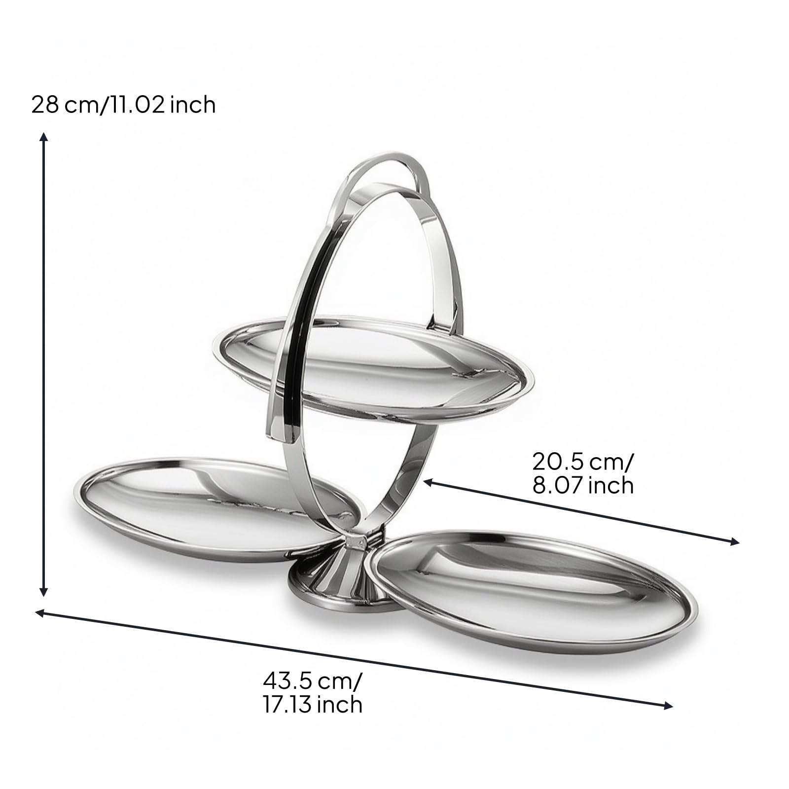 Vassoio a Tre Livelli Vassoio Portafrutta Alzata Pieghevole Espositore Portavivande in Acciaio Inossidabile con Fini Strut Stabile Adatto per Tavola Feste Ristorazione Buffet 43.5cmx28cm