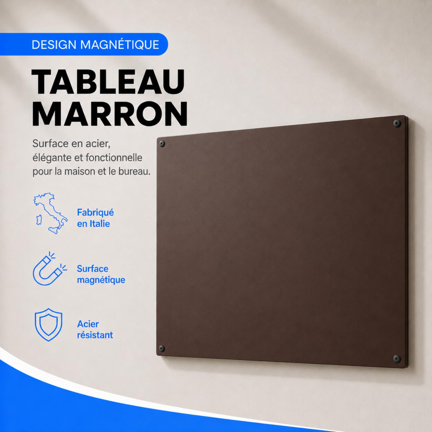 Tableau magnétique mural en acier 60 x 44 inscriptible avec marqueur (marron)