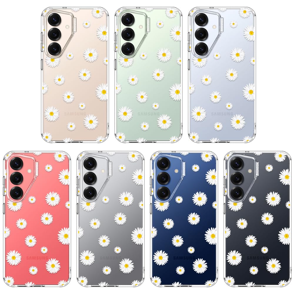 MOSNOVO Case for Samsung Galaxy S25 / Galaxy S24, [Buffertech 6.6ft Military-Grade Drop Protection] [Anti Peel Off Tech] Clear TPU Bumper Phone Case Cover Design - White Daisy - 3