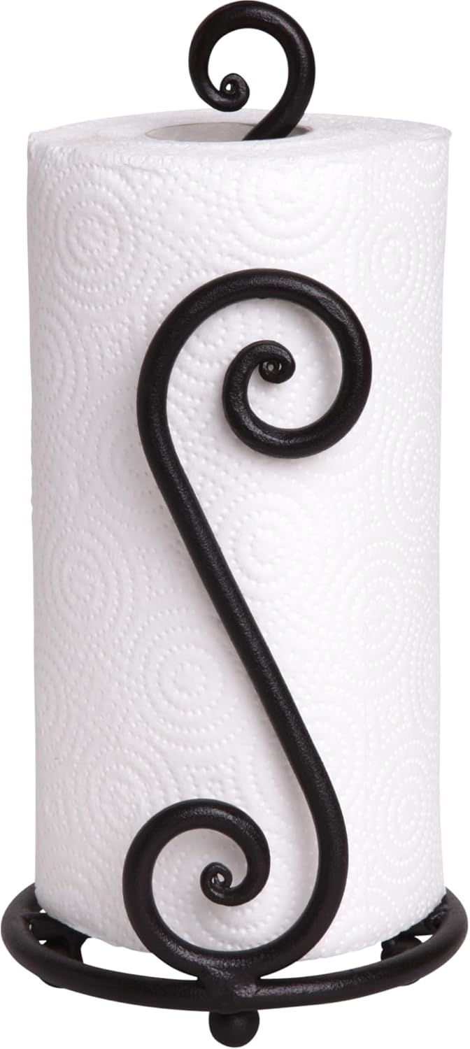 RTZEN Matte Black Paper Towel Holder Countertop - Decorative Farmhouse Paper Towel Roll Holder - Rustic Metal Modern Stand for Kitchen or Bathroom (Swirl)