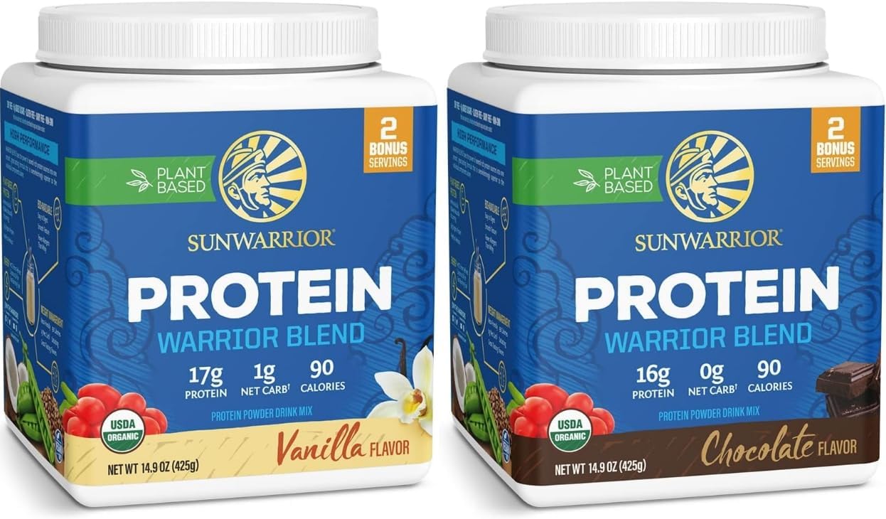 Sunwarrior Chocolate & Vanilla Organic Plant Based Protein Powder Set | Bundle & Save | Vegan Organic Protein Powder | Non-GMO Soy Dairy Filler & Gluten Free (17 Servings Each)
