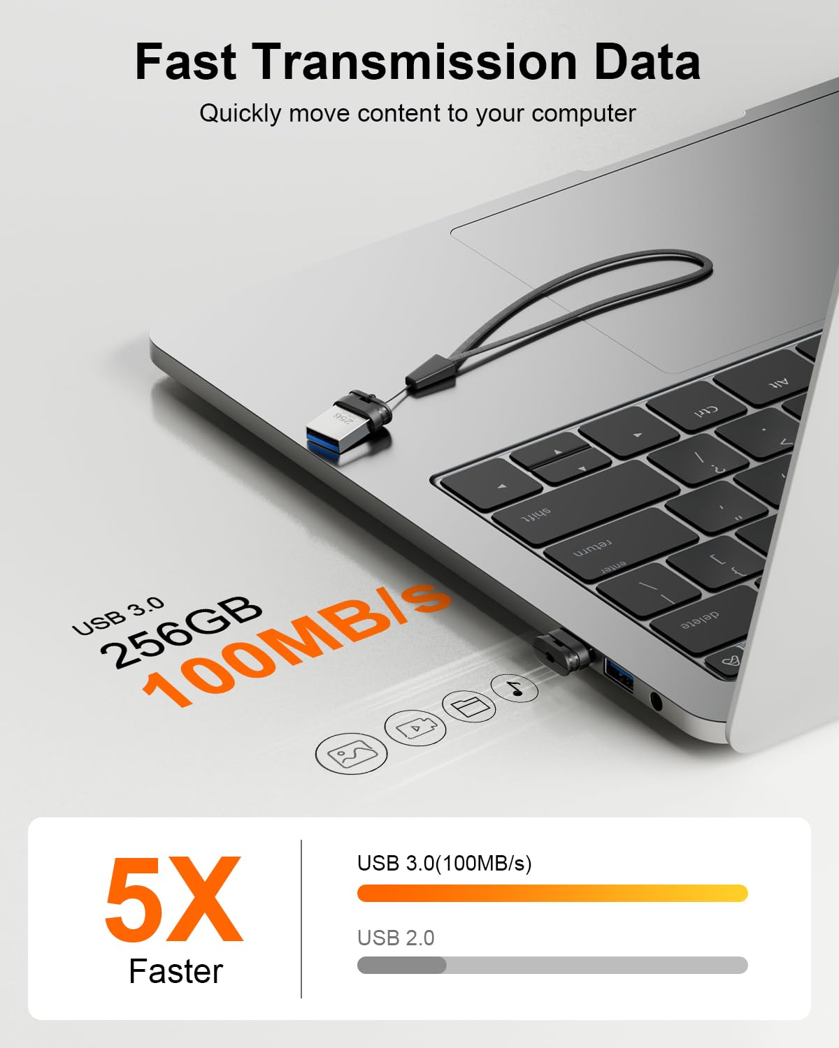 256 GB USB 3.0 Flash-Laufwerk, Mini-Thumb-Laufwerk, wasserdichter Speicherstick mit Lanyard-Loch, Plug-and-Play, tragbarer USB-Stick-Speicher für Computer, Laptop, Smart-TV, Schwarz