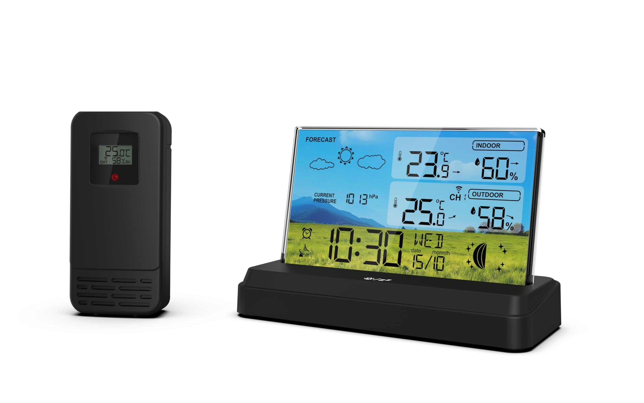 SOUCCESS FUNK-WETTERSTATION "DELUXE NEO" - FARBIGE WETTERSTATION MIT FUNKUHR, WETTERDATEN, AUSSENSENSOR, MONDPHASE, TEMPERATUR, LUFTDRUCK, NETZTEIL