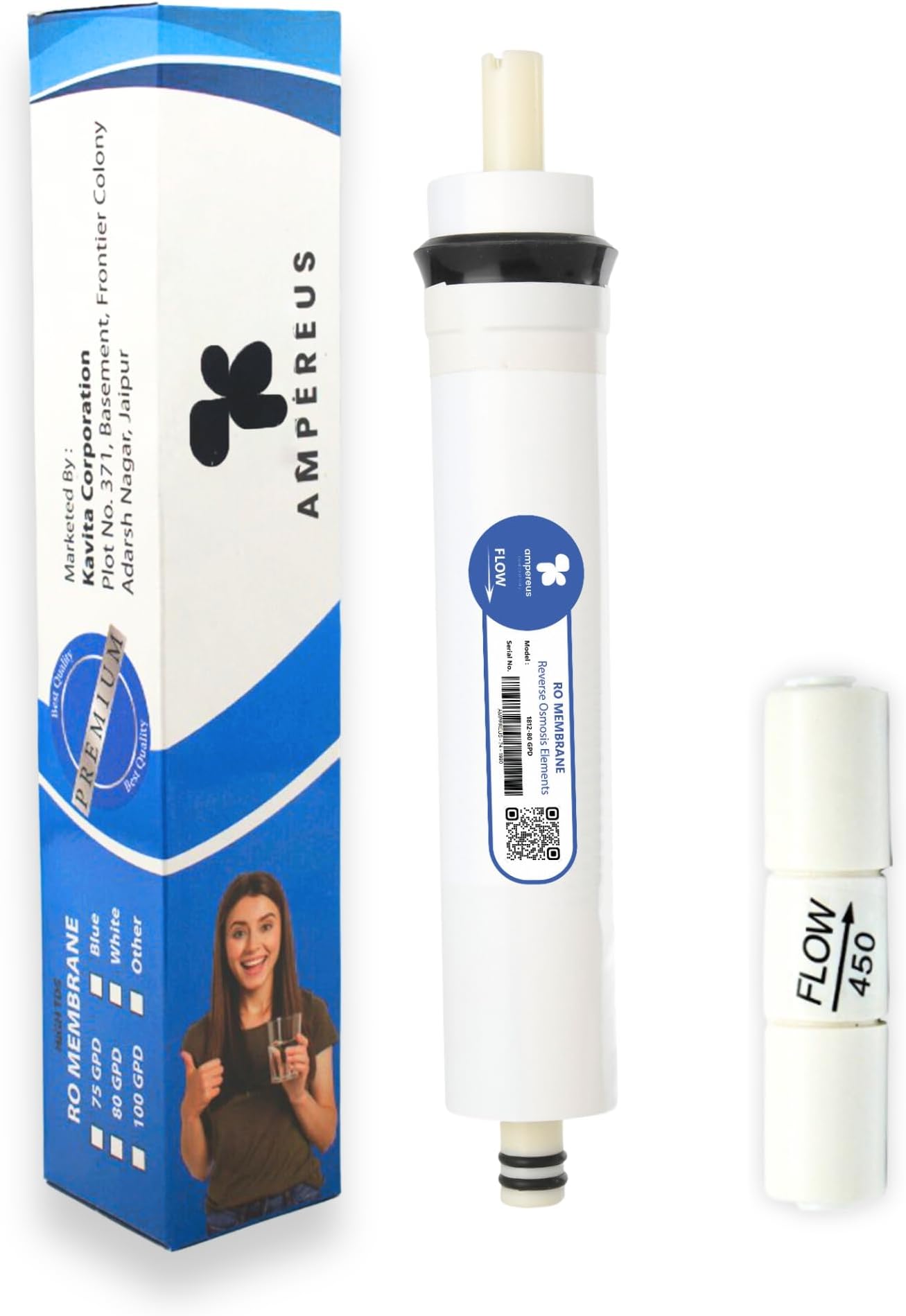 AMPEREUSยฎ Premium RO Membrane 80 GPD Original with F/R 450 | Long-Lasting Premium White RO Membrane Filter for Water Purifiers โ Heavy TDS Support, Superior Salt Rejection (up to 1500 TDS)