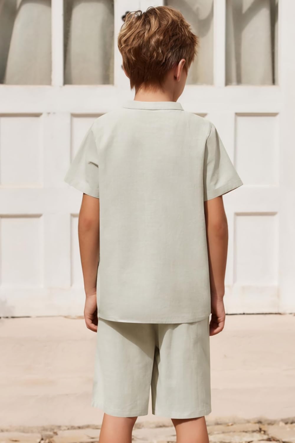 Arshiner Boy's 2 Pieces Cotton Linen Set Casual Henley Shirts Short Sleeve Beach Shorts Summer Outfits for 5-12 Years - Image 4