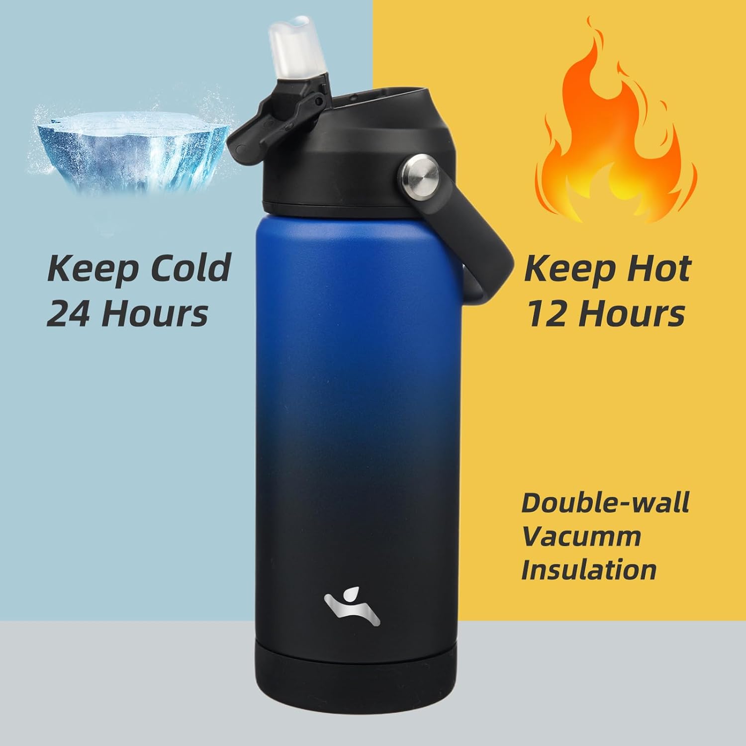 Insulated Water Bottle with Straw Lid,18 oz Stainless Steel Vacuum Metal Bottle with Silicone Handle,Black Blue - Image 3