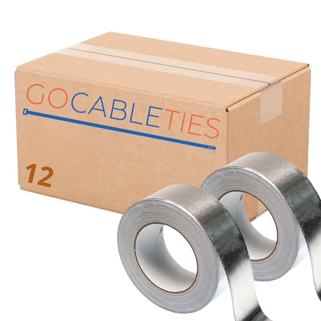 Gocableties Aluminium Foil Tape, 48mm (2") x 50m, Adhesive Insulation Tape for Insulating, HVAC Repair, Sealing Ducts, and Pipework, 12 Rolls