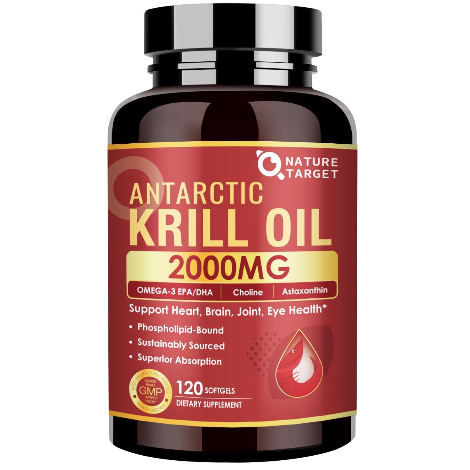 NATURE TARGET Krill Oil 2000mg with Omega-3 & Astaxanthin, 120 Softgels | Omega 3 EPA and DHA with Choline, Helps Support Heart, Brain, Joint, and Eye Health, Non-GMO and Gluten Free