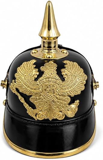 Viking Oaks LLC German Pickelhaube Helmet Authentic WWI & WWII Replica for LARP, Re-Enactment, Cosplay & Costume Events | Premium Leather Imperial Prussian Officer Helmet with Brass Spike | Black