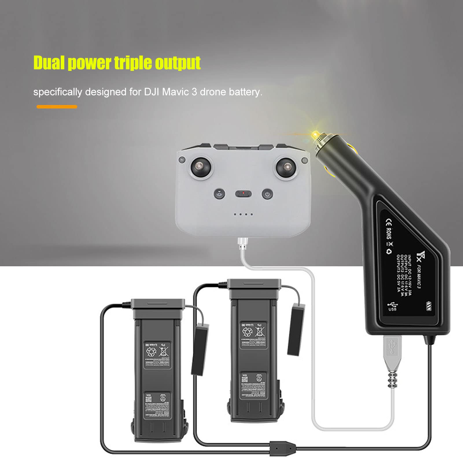 Caricabatteria per Auto a Batteria 3 in 1 Caricabatteria per Auto a Ricarica Rapida a Doppia Uscita per Drone Mavic 3 RC