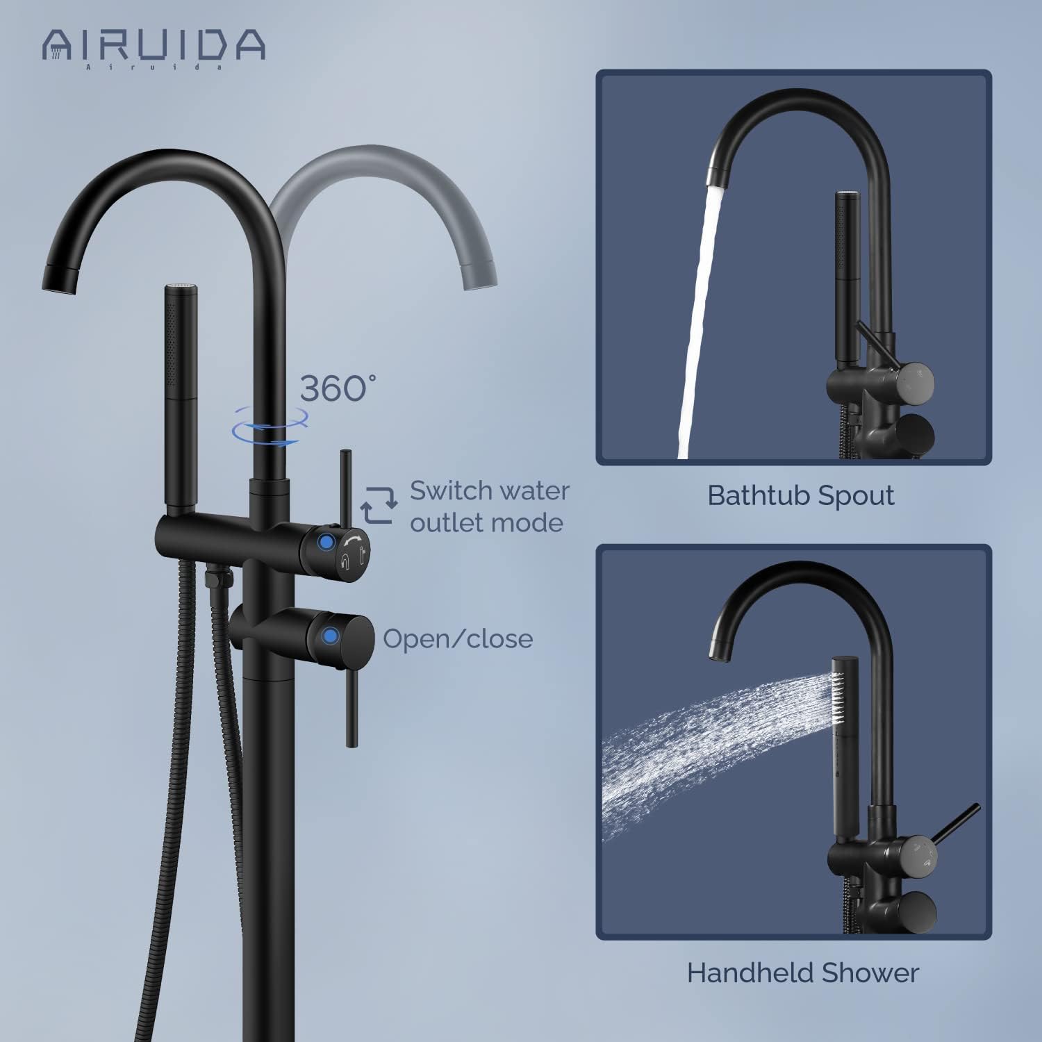 Promo Discount Up To 70% Off Airuida Freestanding Bathtub Faucet Solid Brass Black Floor Mount Tub Filler with 2 Function Handheld 360 Degree Swivel Standing High Flow Spout Mixer Taps New Arrivals Airuida Freestanding Bathtub Faucet Solid Brass Black Floor Mount Tub Filler with 2 Function Handheld 360 Degree Swivel Standing High Flow Spout Mixer Taps