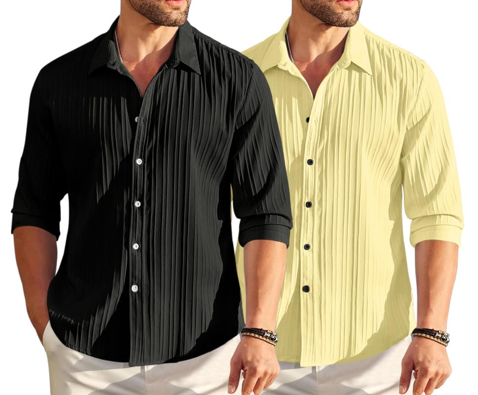 Image of FINIVO FASHION Men's Cotton Blend Shirt Set Lightweight, Full Sleeves, Plain Texture, Button Closure, Summer Ready (Pack of 2)