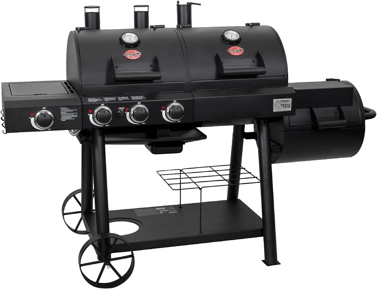 Char-Griller® Texas Trio 3-Burner Gas  Charcoal Grill and Smoker, Push Button to Ignite, Dual temperature Guages, Side Burner, Includes Side Firebox, 1,390 Cooking Square Inches, Black, Model# 3070