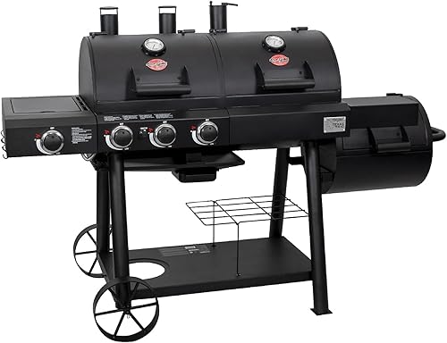 Miniatura 2 de Char-Griller Texas Trio - Parrilla de gas y carbón de 3 quemadores y ahumador, botón para encender, doble medidor de temperatura, quemador lateral,
