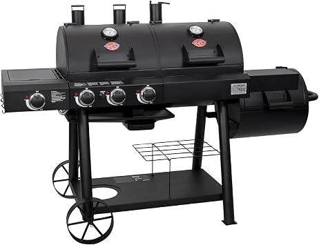 Char-Griller Texas Trio 3-Burner Gas & Charcoal Grill and Smoker, Push Button to Ignite, Dual temperature Guages, Side Burner, Includes Side Firebox, 1,390 Cooking Square Inches, Black, Model# 3070