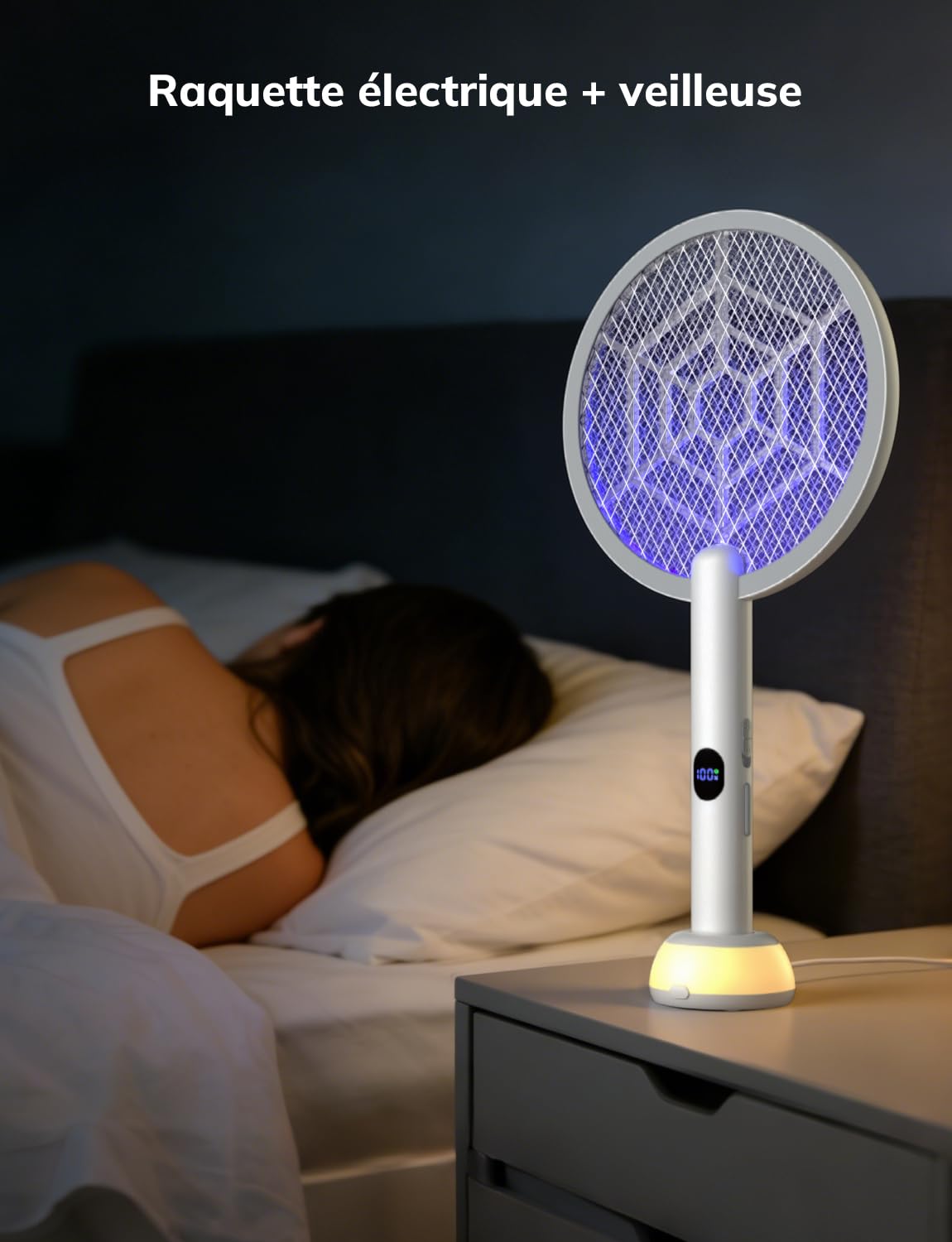 YISSVIC Raquette Electrique Insectes 1800mAh Raquette Anti Moustique 4000V Tapette à Mouche Puissante ave Base Lumineuse Rechargeable USB-C Élimine Moustiques Mites Fourmis Volantes (Blanc)