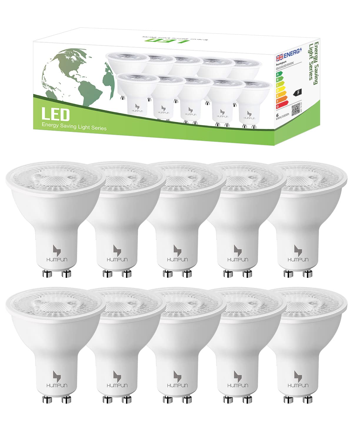 10 Pack GU10 LED Bulbs, 7W Warm White 3000K, 350LM, 50W Halogen Replacement, Non-Dimmable Spotlight for Living Room, Kitchen, Bedroom, AC 220-245V, 120° Beam Angle [Energy Class F]