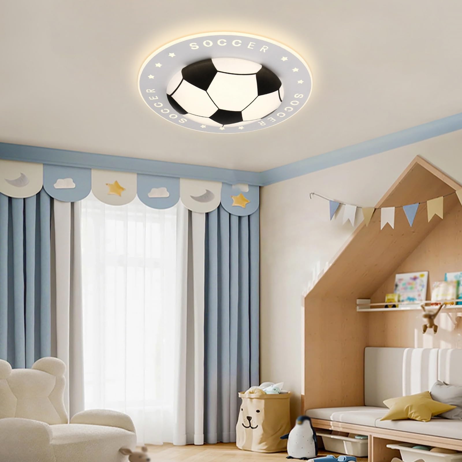 Jadssox Lampa sufitowa LED z motywem piłki nożnej, żyrandol z motywem piłki nożnej, lampa sufitowa do pokoju dziecięcego, 3 tryby kolorów, oświetlenie sufitowe do pokoju chłopców(52cm)